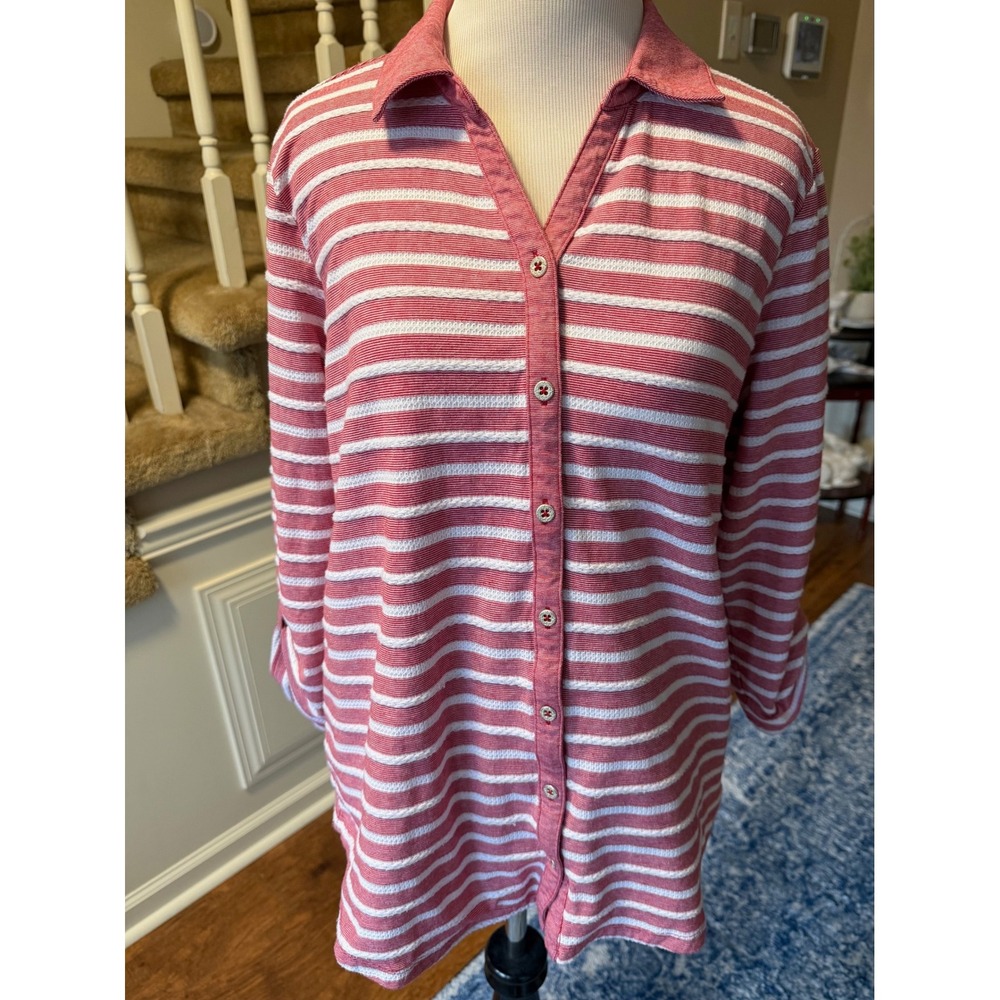 Kim Rogers Womens Red White Striped 3/4 Sleeve Button Front Shirt Size L